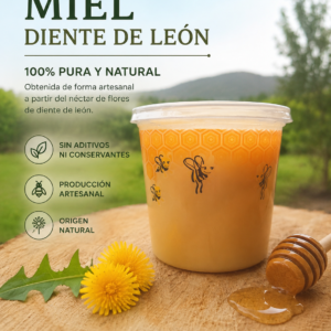 Miel de diente de león 1 kg, 100% pura y natural, artesanal: envase con flores y texto promocional.