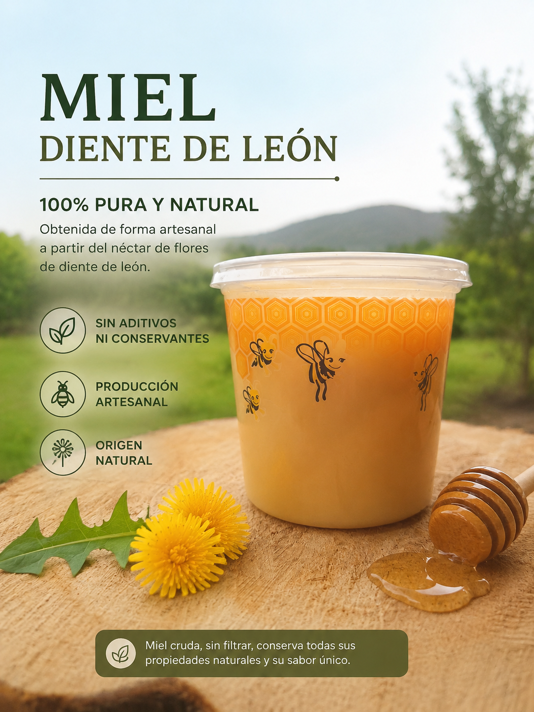 Miel de diente de león 1 kg, 100% pura y natural, artesanal: envase con flores y texto promocional.