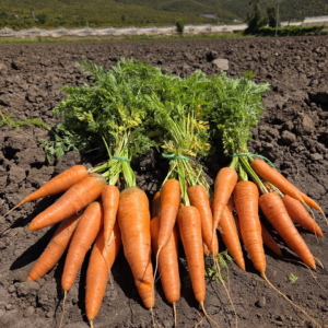 Zanahorias recién cosechadas en un campo de cultivo con tierra oscura y hortalizas verdes al fondo