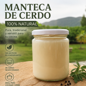 Manteca de cerdo 100% natural en frasco, sin aditivos ni conservantes, ideal para cocinar y freír