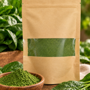 Bolsa de papel con polvo de espinaca verde y hojas frescas, venta de especias y hierbas naturales