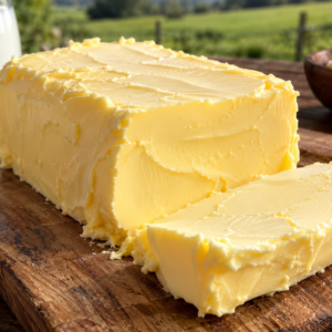 Queso amarillo en bloque sobre tabla de madera, con fondo de campo y cuenco con más queso.