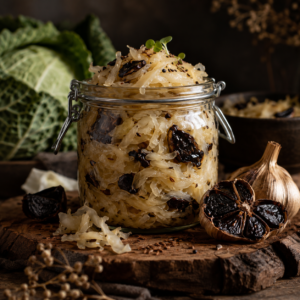 Kraut fermentado en frasco de vidrio con especias y granos oscuros, sobre madera rústica con ajo y semillas